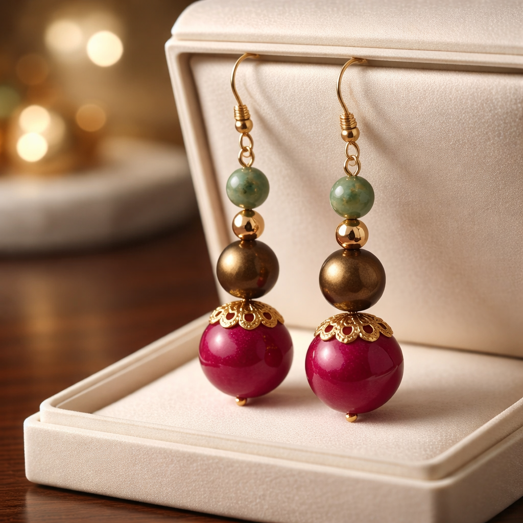 Beautiful Earrings- Warm colors of Red, Green, Brown and Gold Are Inviting Everyone to Take Notice