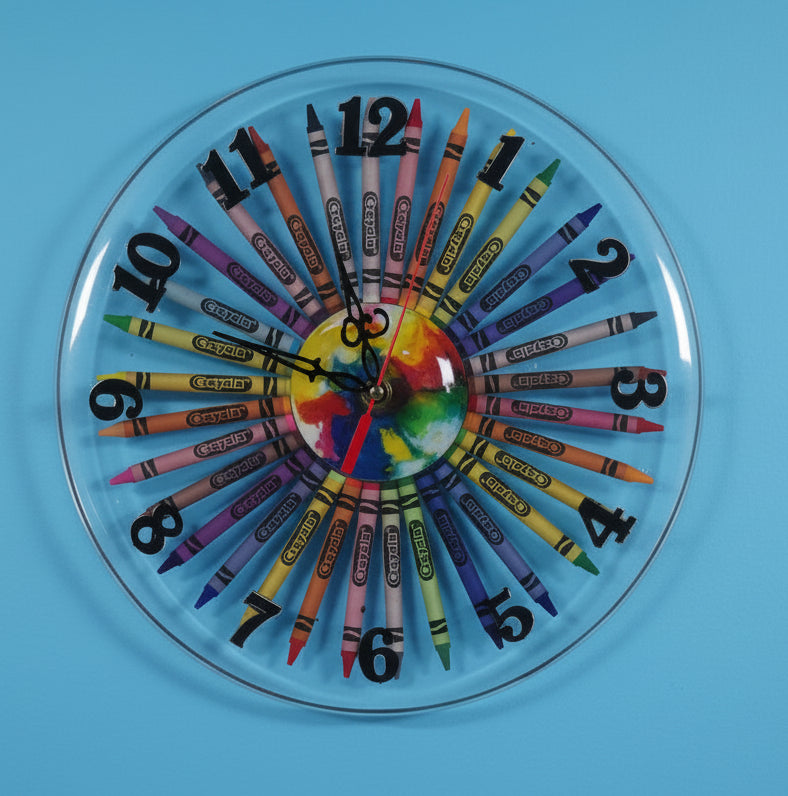 Unique 12" Clear Resin Crayola Crayon Clock with a Fluid Art design Center.