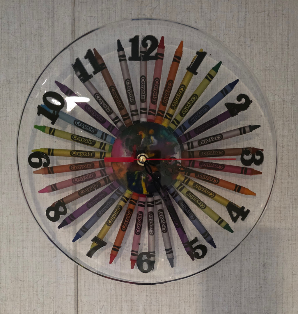 Unique 12" Clear Resin Crayola Crayon Clock with a Fluid Art design Center.