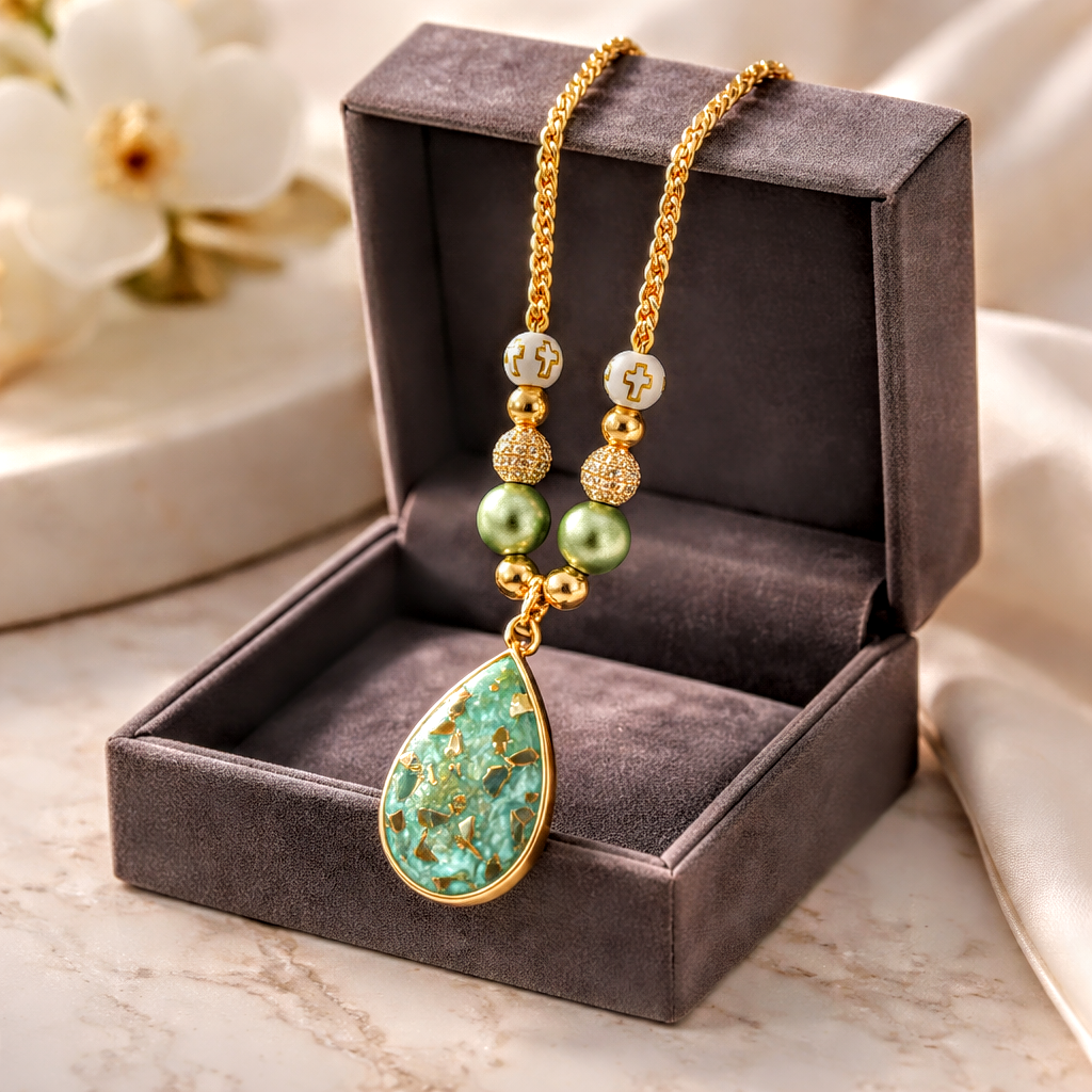 Soft Green Necklace with Gold Flecks.