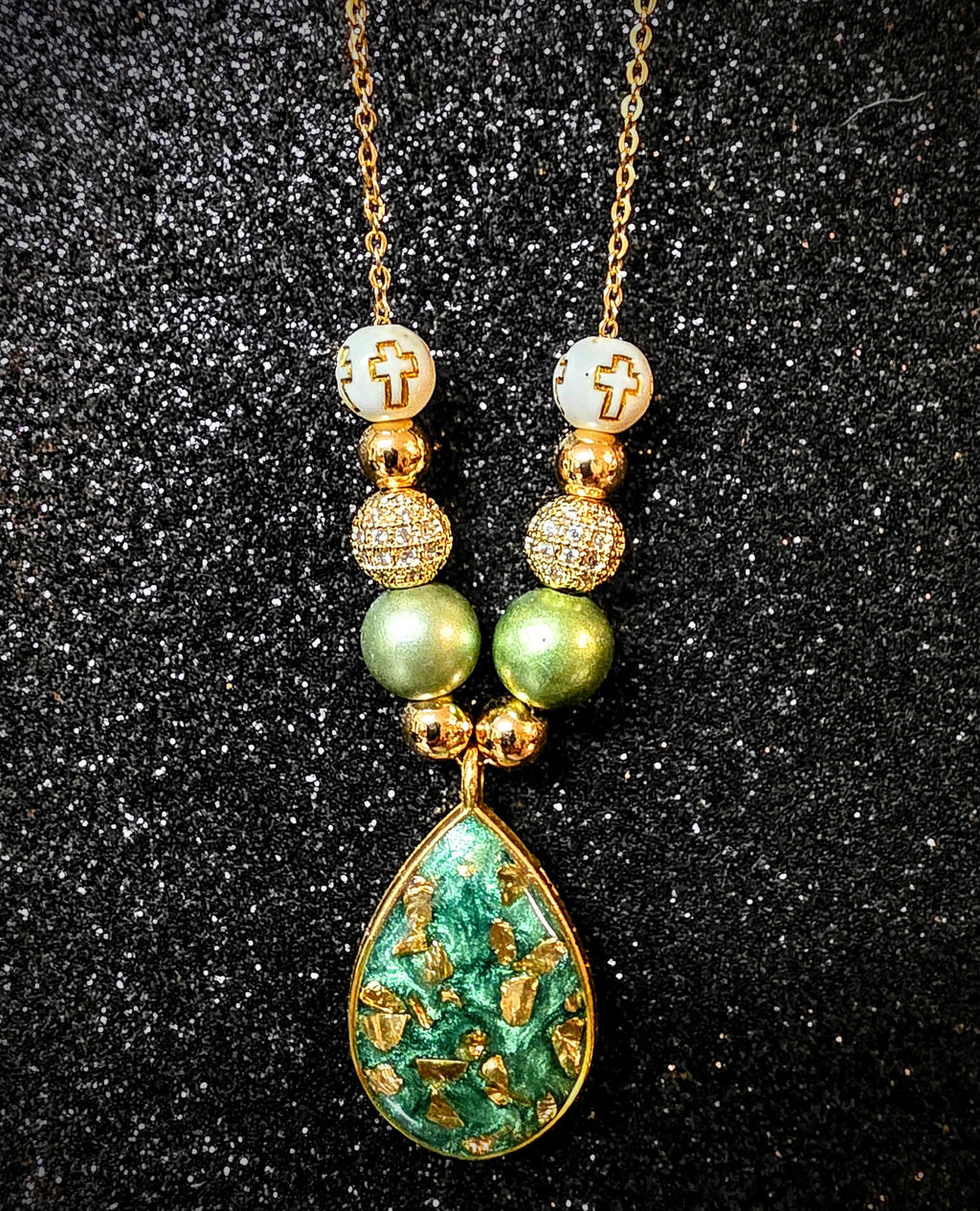 Soft Green Necklace with Gold Flecks.