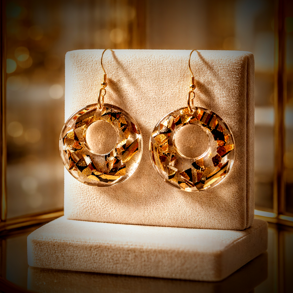 Clear Round Earrings with Sparkles of Black and Gold