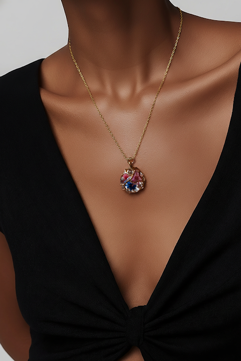 Lovely Necklace with Tiny Dried Resined Flowers, Encased in a Golden Web. Tarnish Resistant