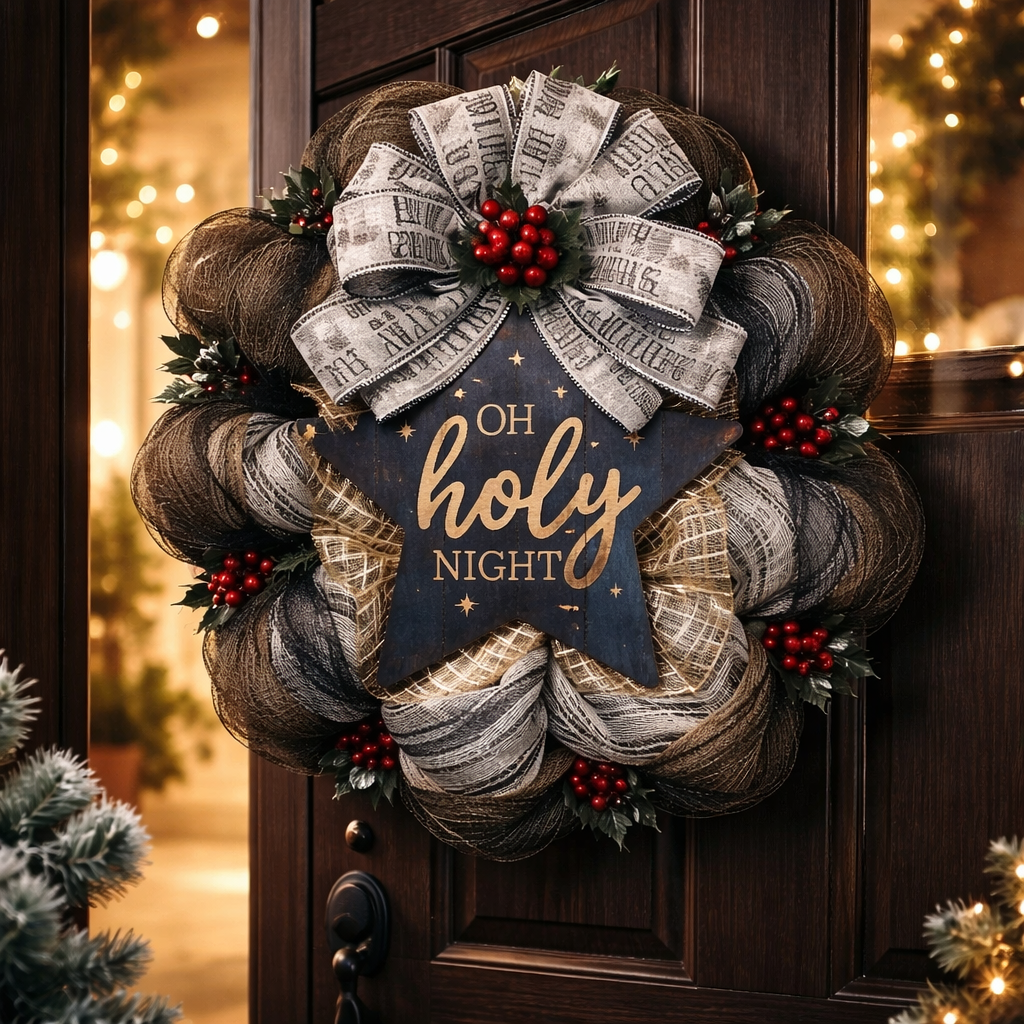 Beautiful Wreath, Oh Holy Night, Three Colors of Layered Fabric Mesh, Red Berry Accents