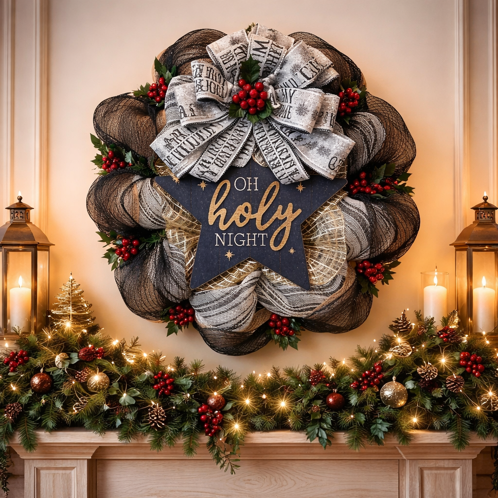 Beautiful Wreath, Oh Holy Night, Three Colors of Layered Fabric Mesh, Red Berry Accents