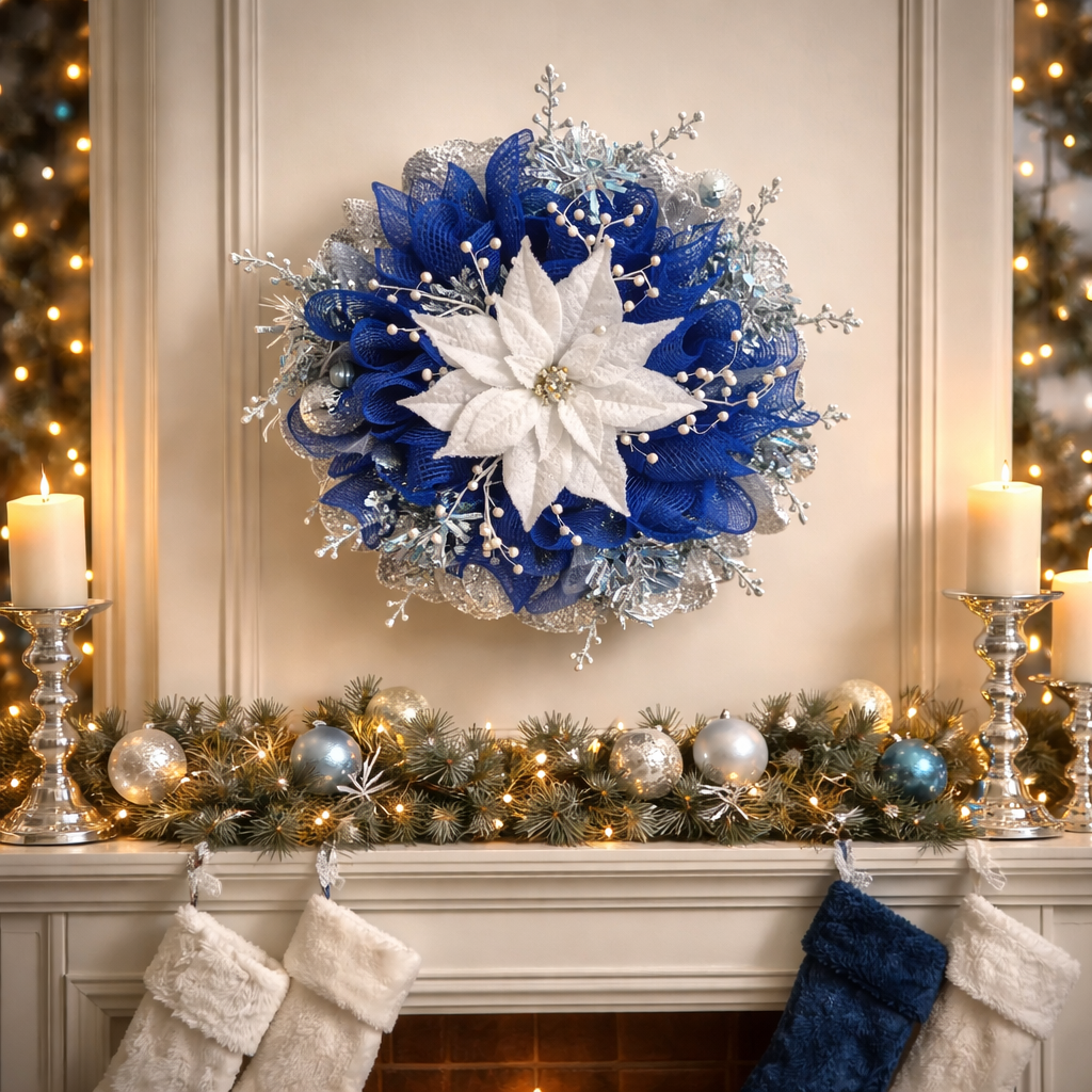 Delightfully Captivating Cobalt Blue, Metallic Silver, Embellished Christmas Wreath