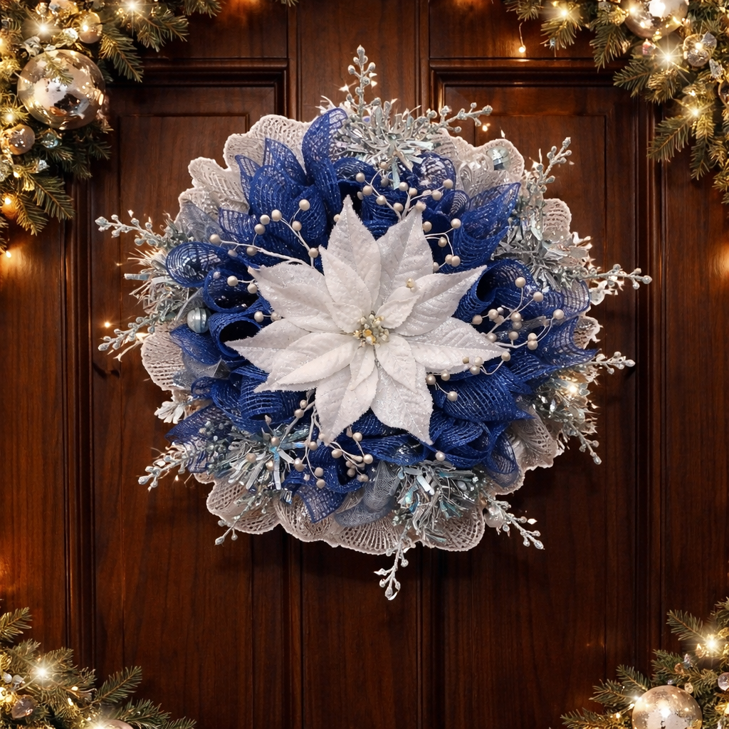 Delightfully Captivating Cobalt Blue, Metallic Silver, Embellished Christmas Wreath
