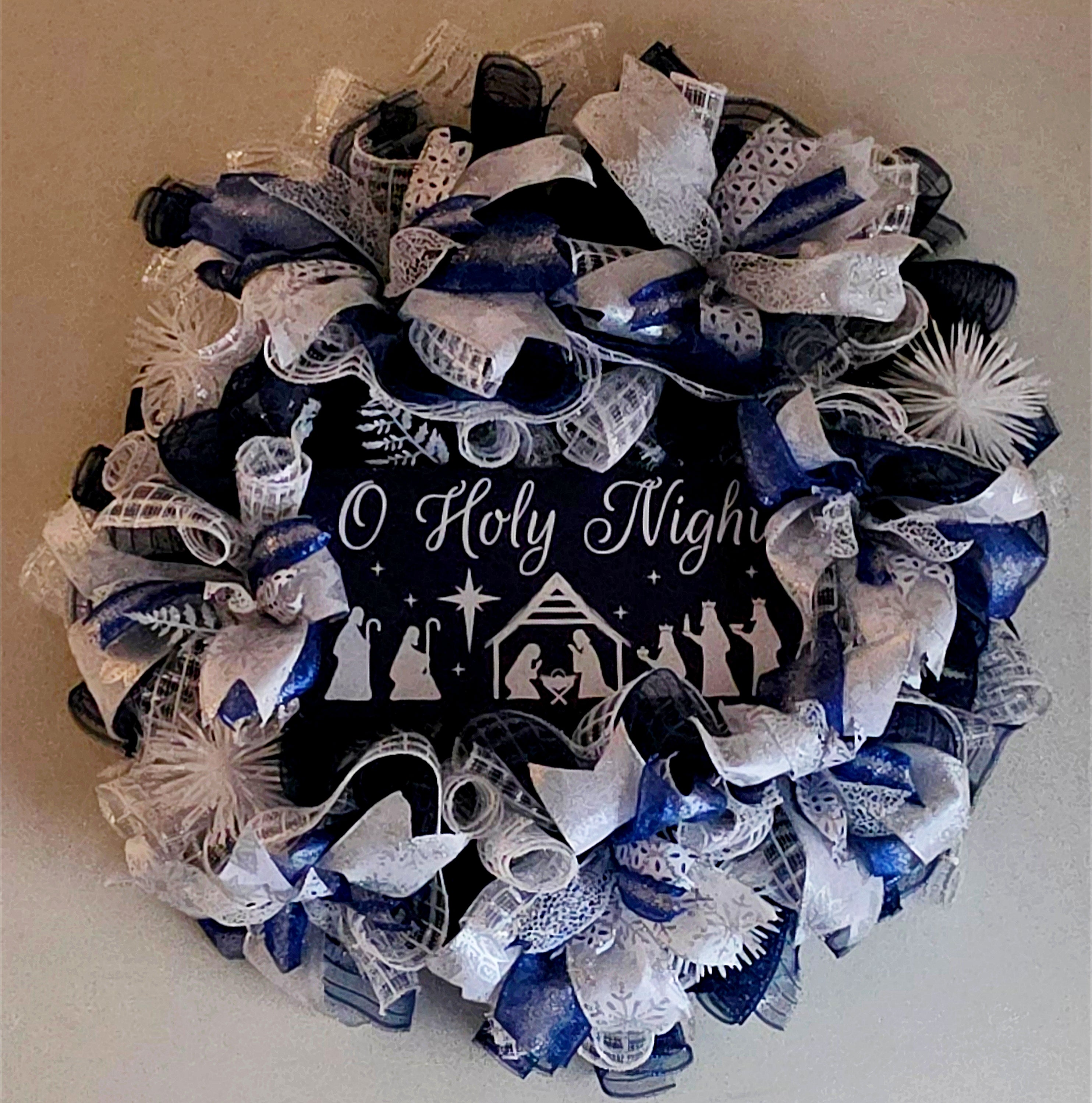 Beautiful Blue and White Sparkling Nativity Scene Wreath