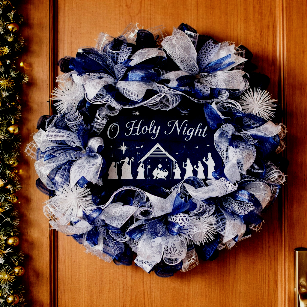 Beautiful Blue and White Sparkling Nativity Scene Wreath