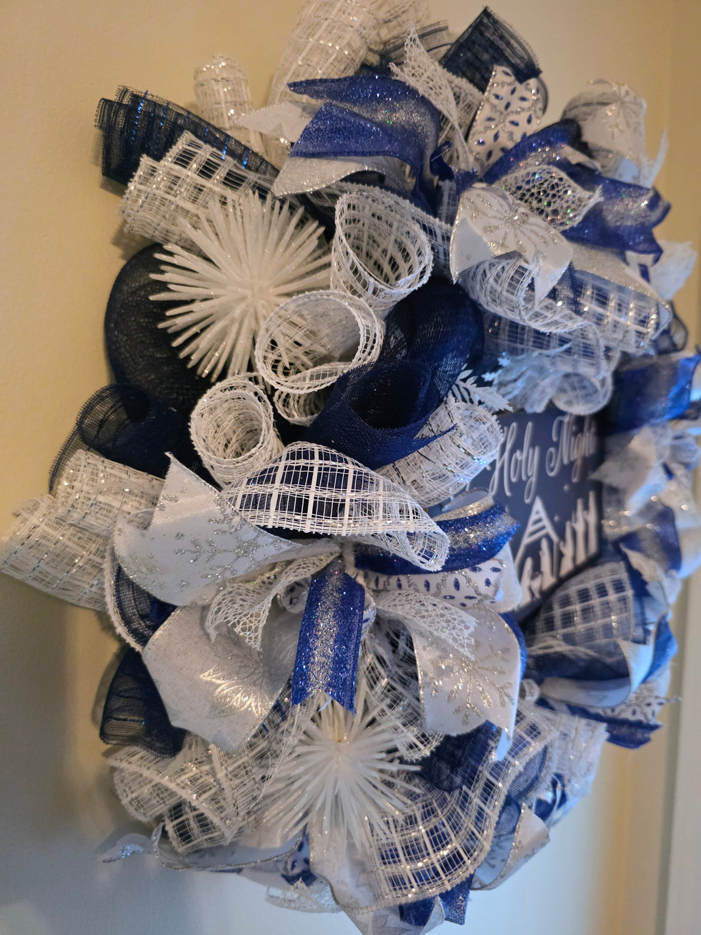 Beautiful Blue and White Sparkling Nativity Scene Wreath