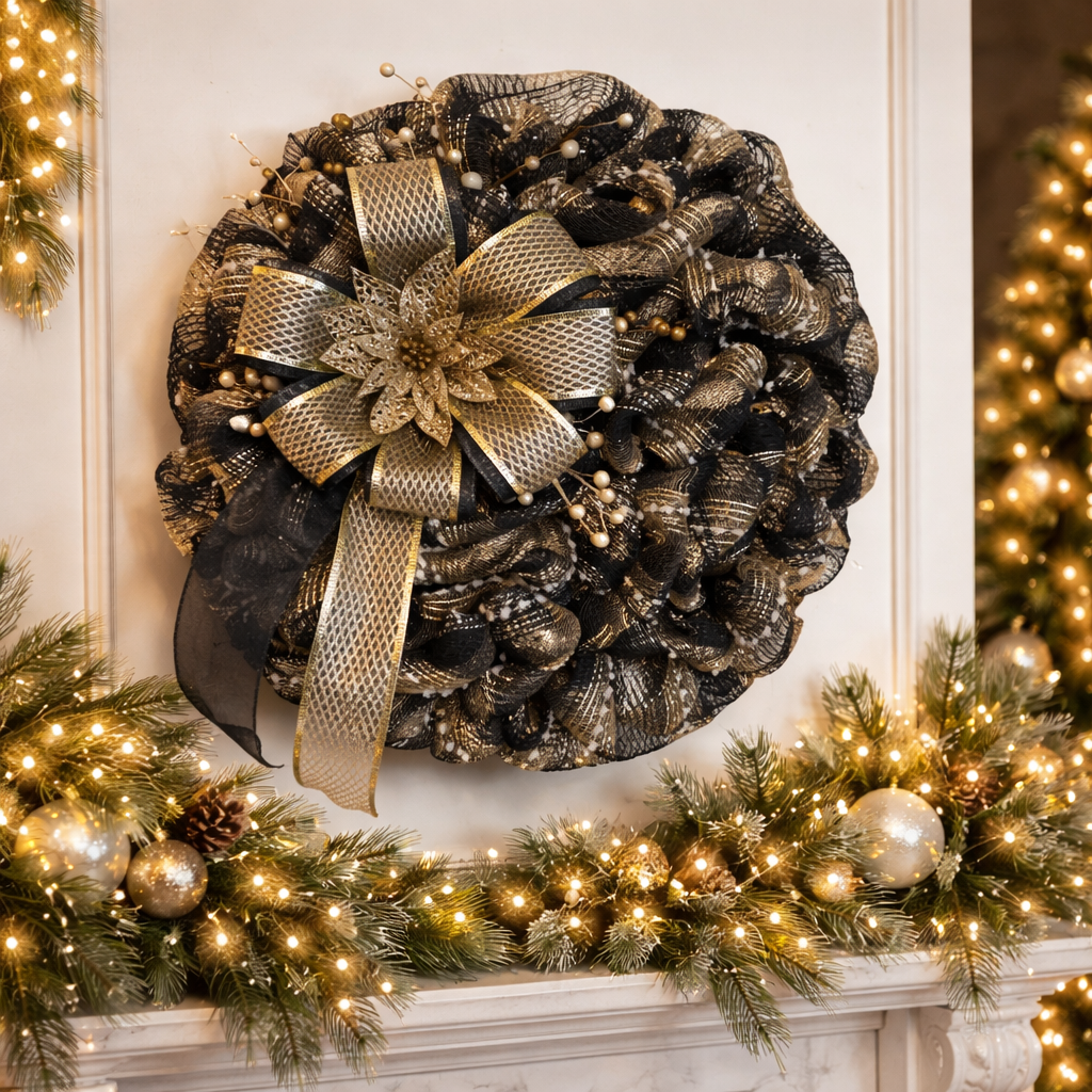 Metallic Navy, Champagne, Snowball Plaid Wreath with Large Metallic Bow