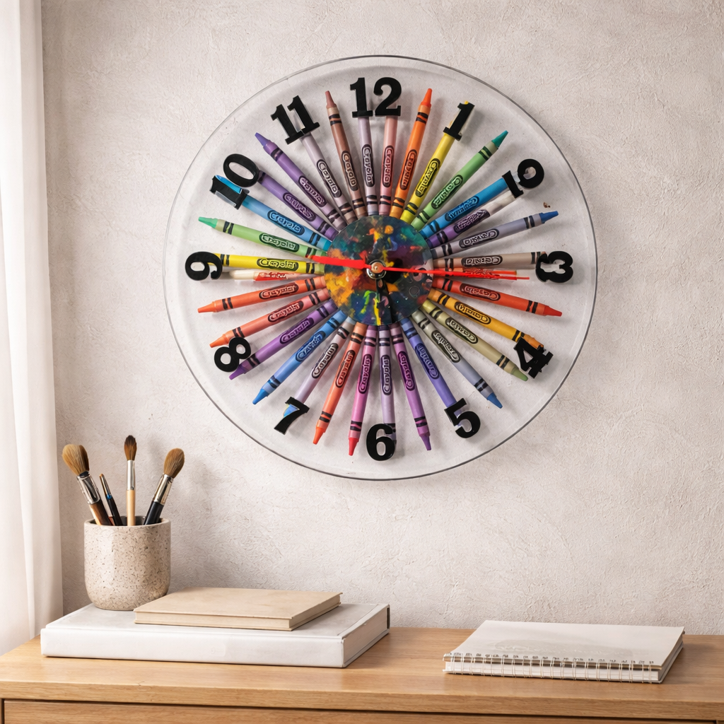 Unique 12" Clear Resin Crayola Crayon Clock with a Fluid Art design Center.