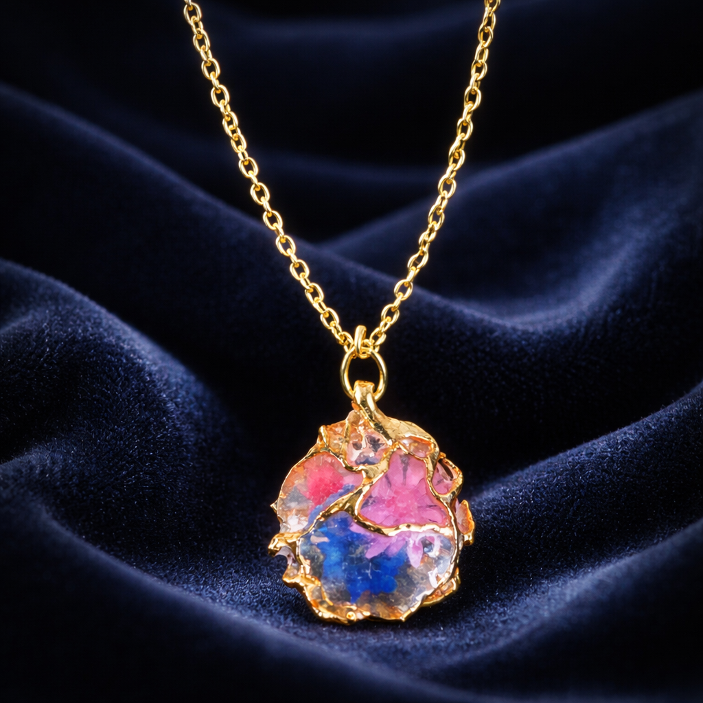 Lovely Necklace with Tiny Dried Resined Flowers, Encased in a Golden Web. Tarnish Resistant