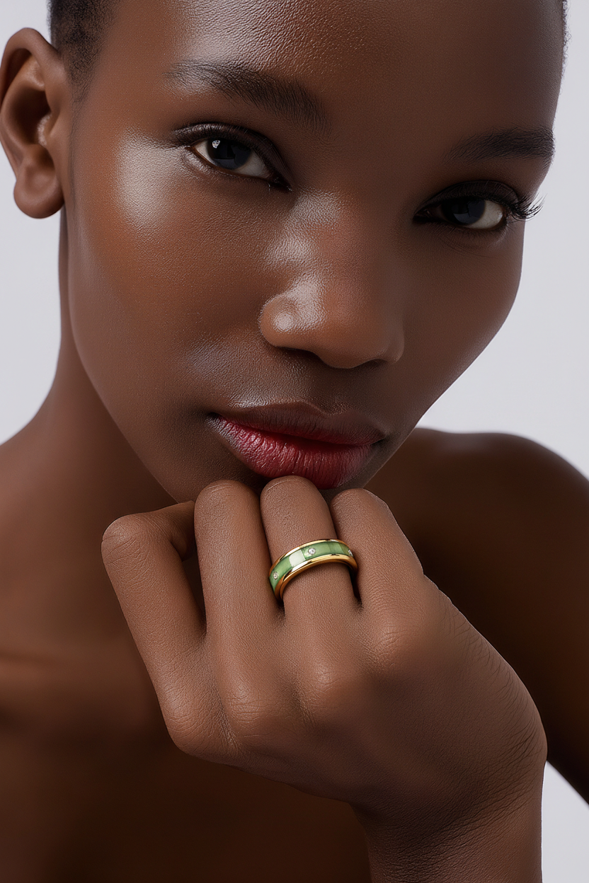 Green Rinstone Ring/Band with Resin Inlay. Hypoallergenic