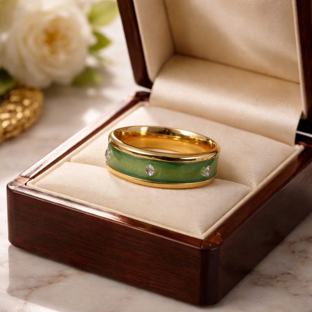 Green Rinstone Ring/Band with Resin Inlay. Hypoallergenic