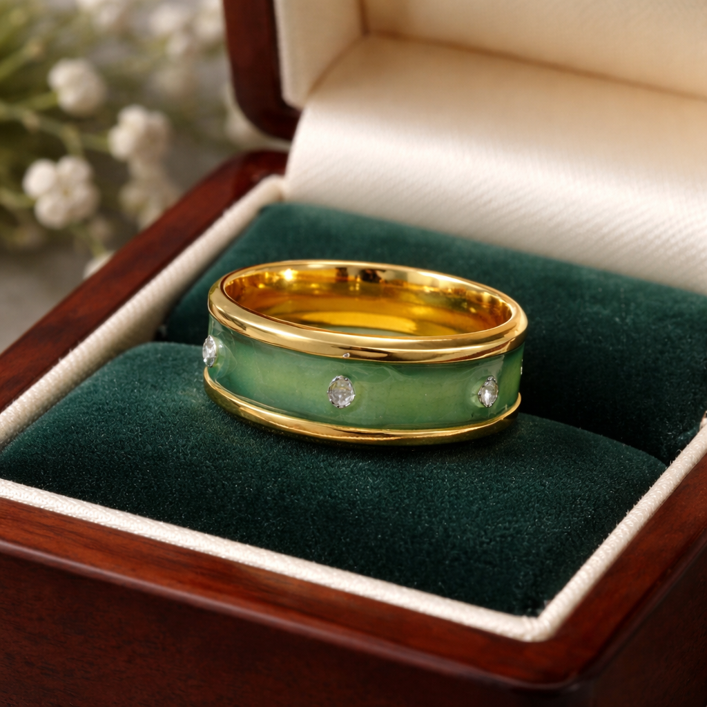 Green Rinstone Ring/Band with Resin Inlay. Hypoallergenic