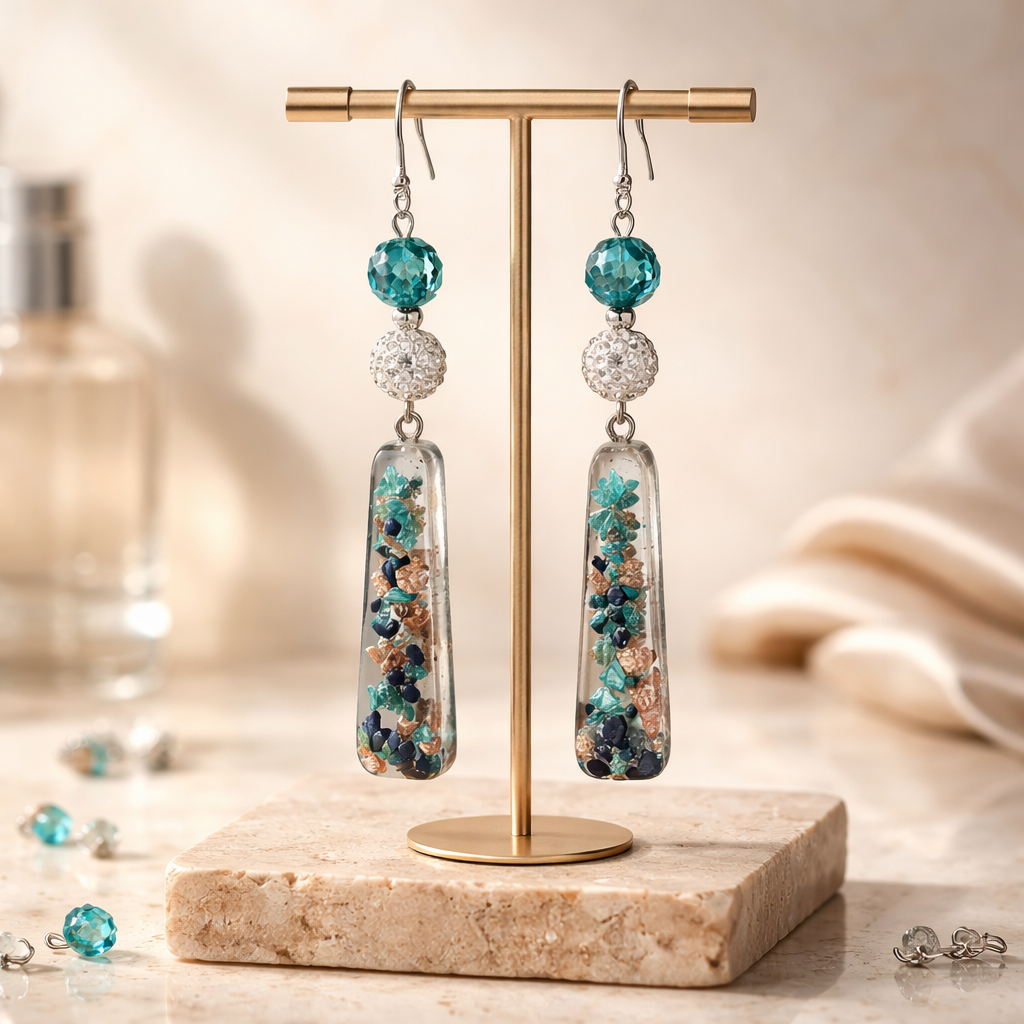 Irresistable Earrings, Sparkling Blue,Turquoise, Black and Silver Dangles. Non-Tarnishing