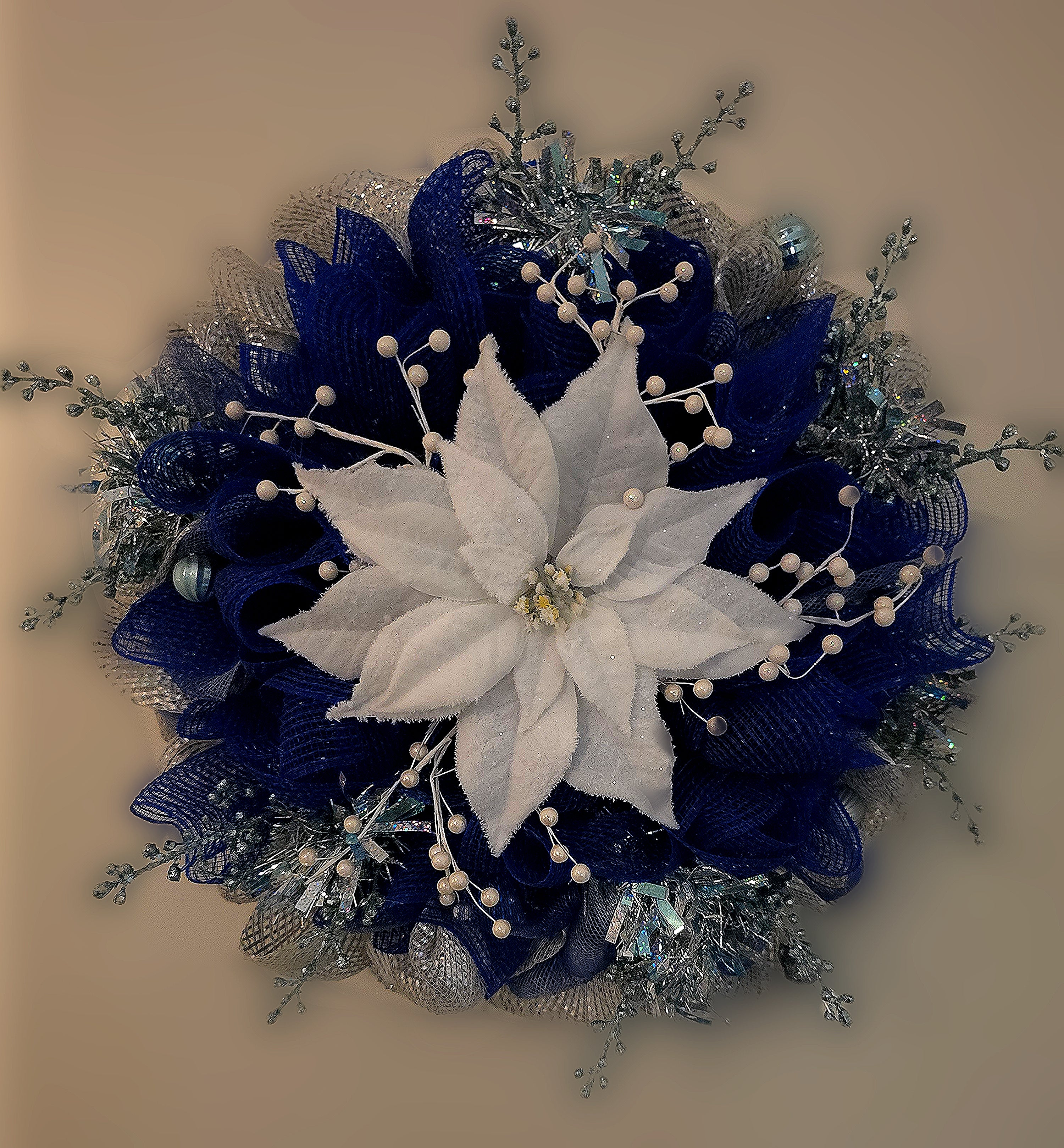 Delightfully Captivating Cobalt Blue, Metallic Silver, Embellished Christmas Wreath