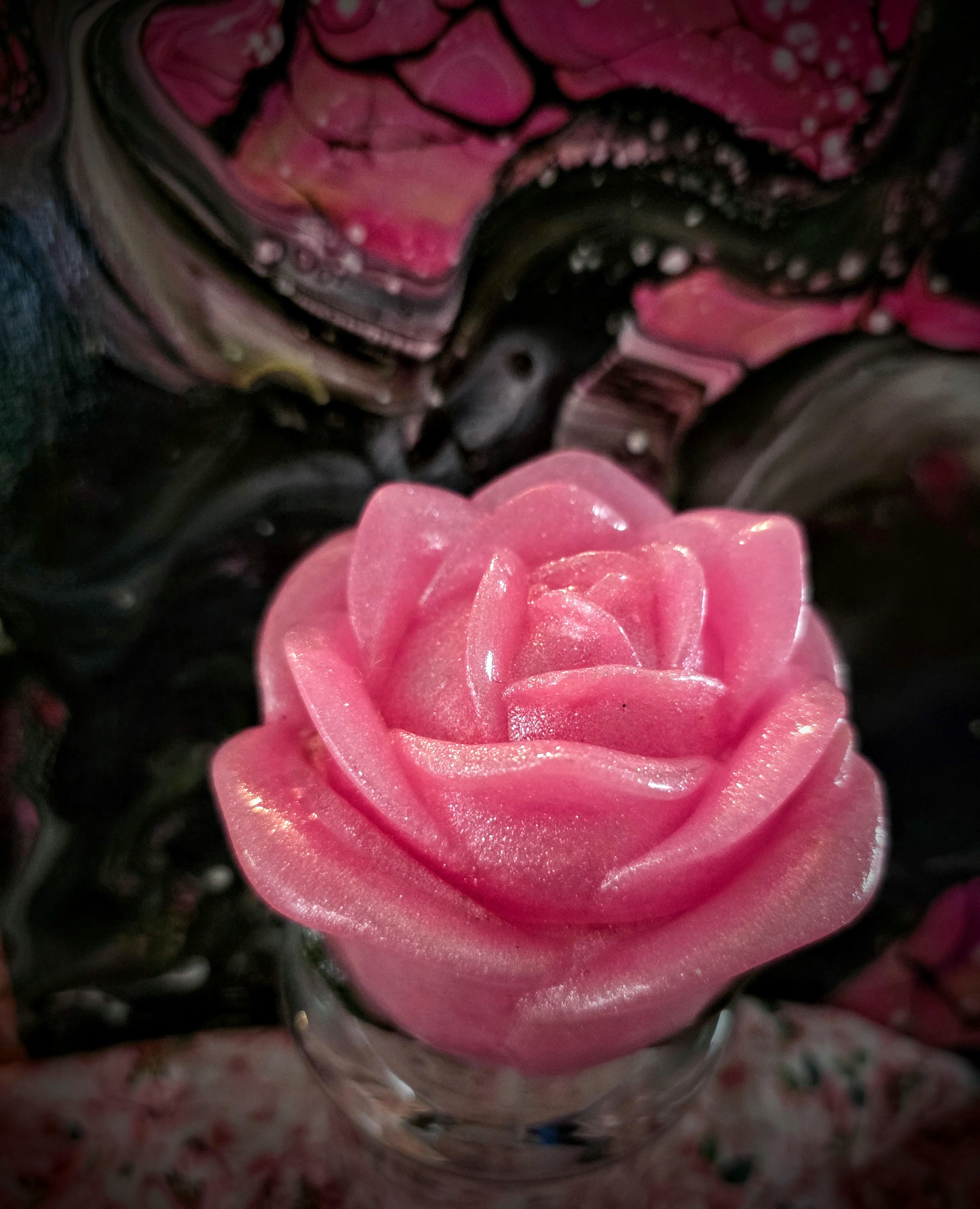 Quality Resin made. Pretty in Pink Rose Trinket Box with Green leaves.