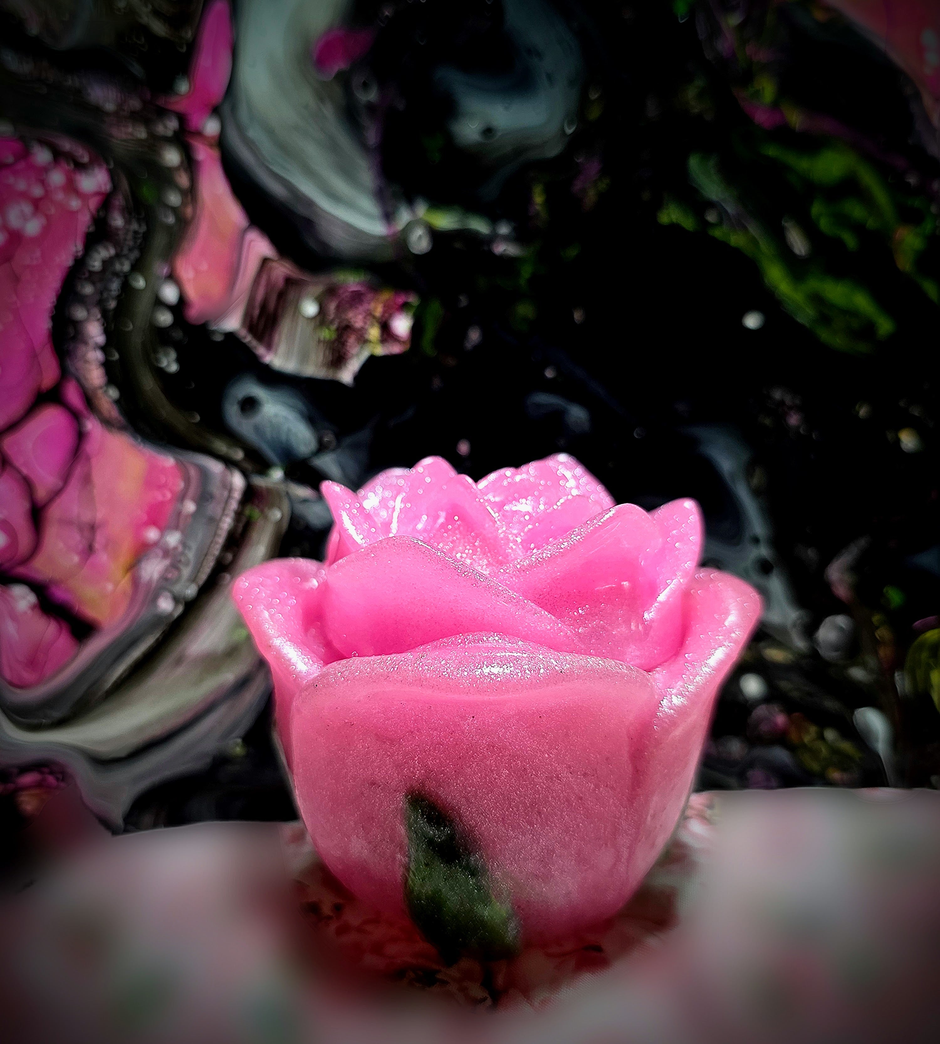 Quality Resin made. Pretty in Pink Rose Trinket Box with Green leaves.