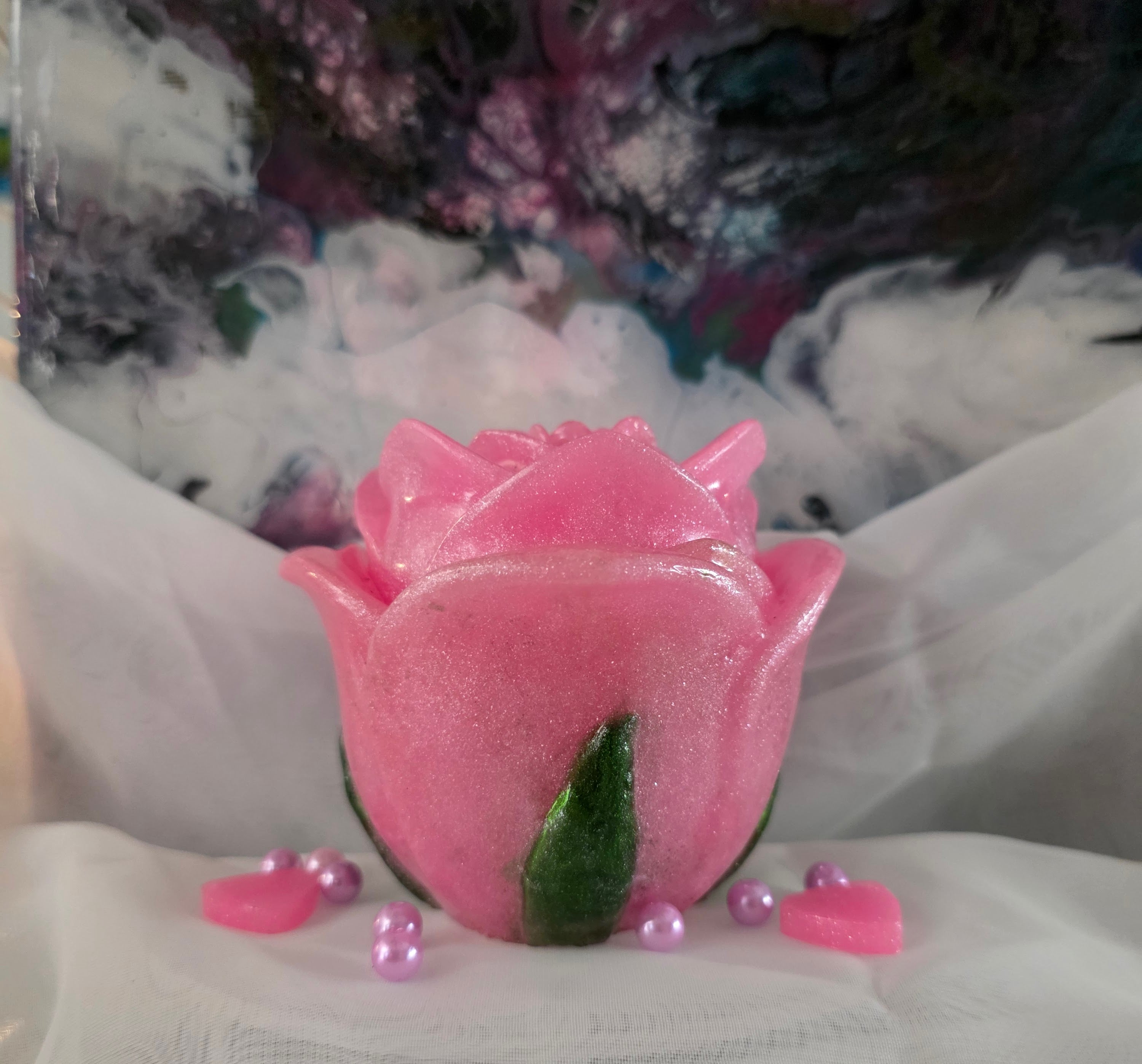 Quality Resin made. Pretty in Pink Rose Trinket Box with Green leaves.