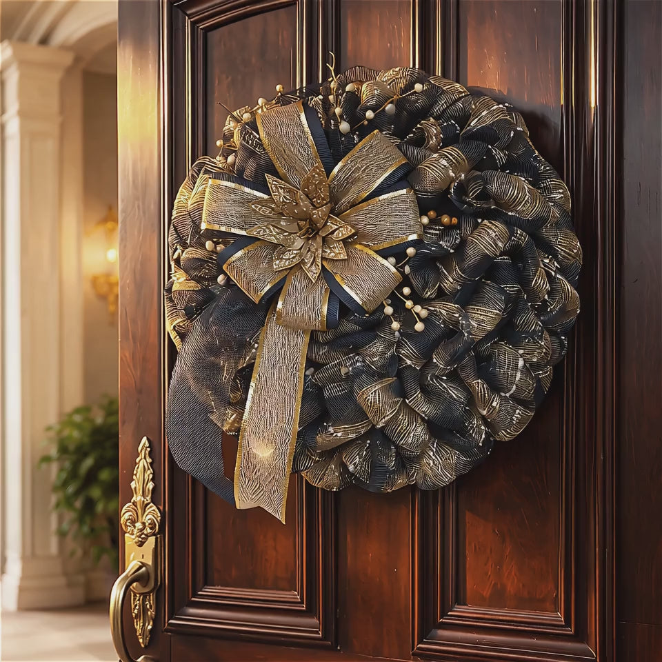 Metallic Navy, Champagne, Snowball Plaid Wreath with Large Metallic Bow