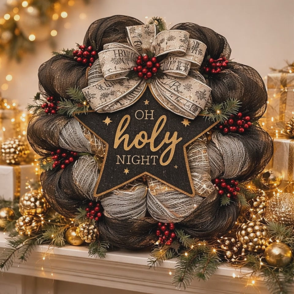 Beautiful Wreath, Oh Holy Night, Three Colors of Layered Fabric Mesh, Red Berry Accents