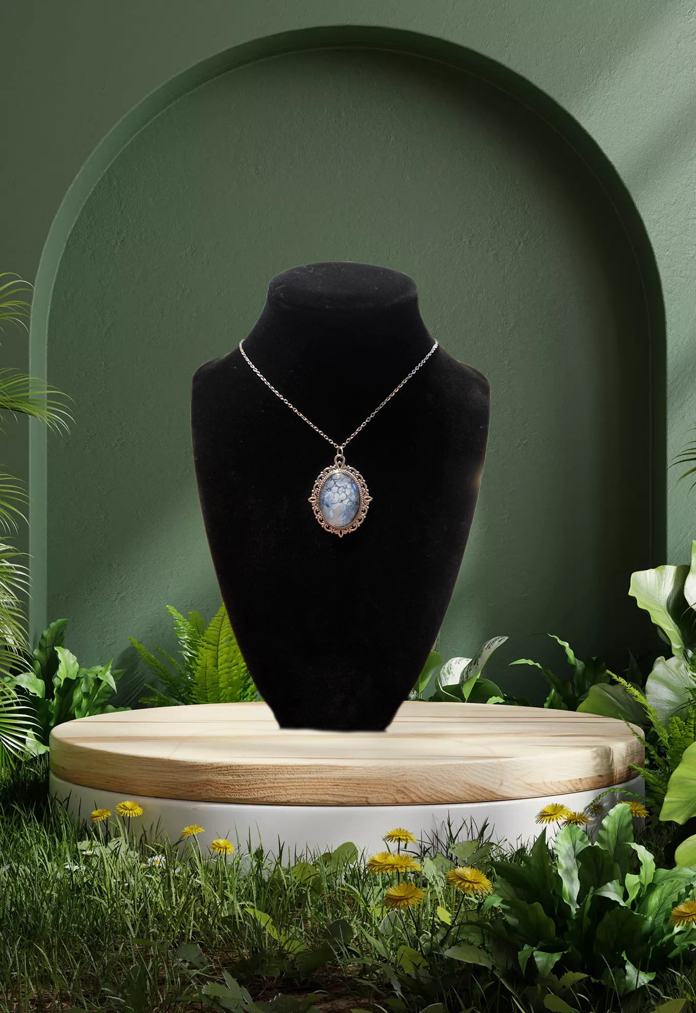 Soft Blue Floral Cabochon Necklace