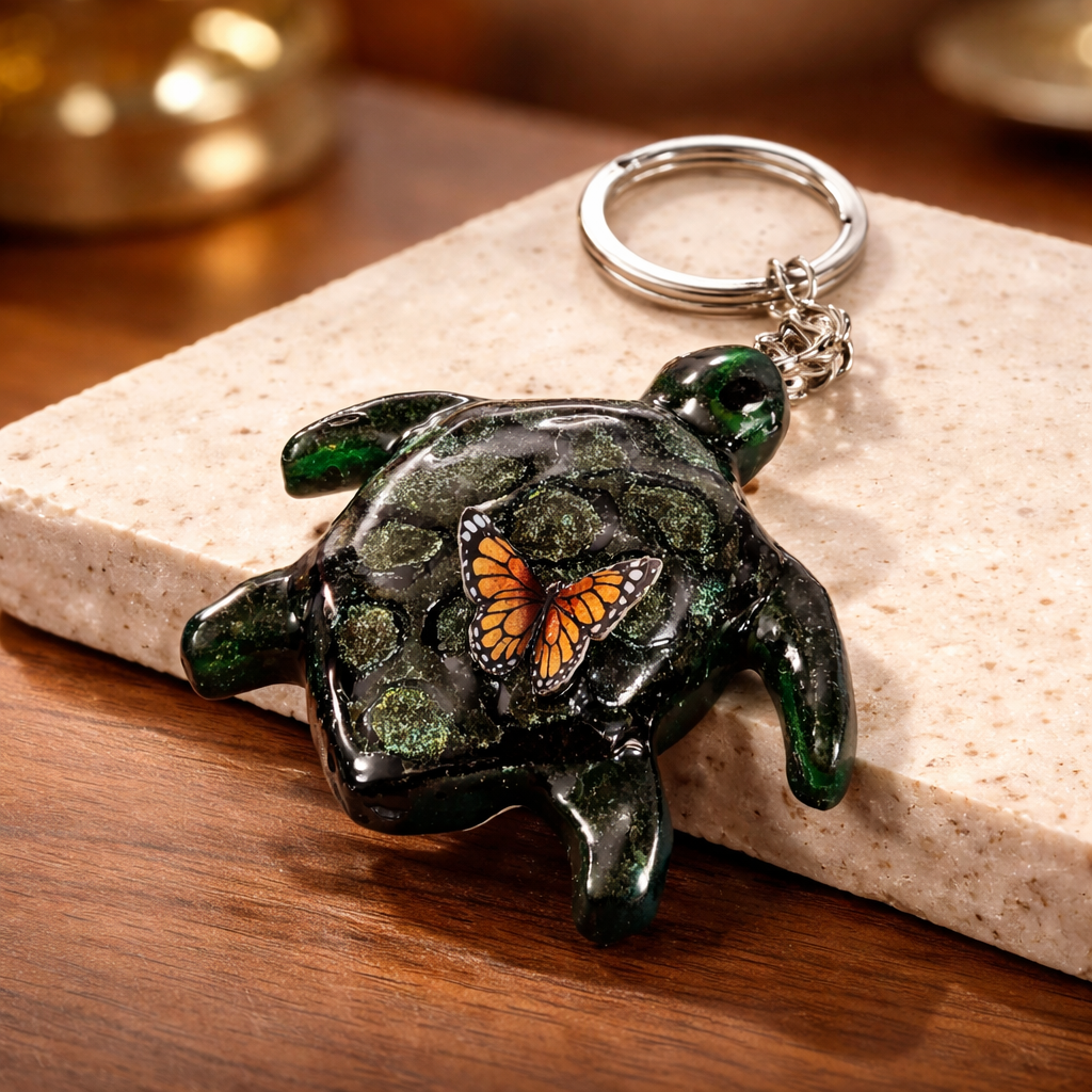 Turtle with Butterfly on His Back Resin Keychain