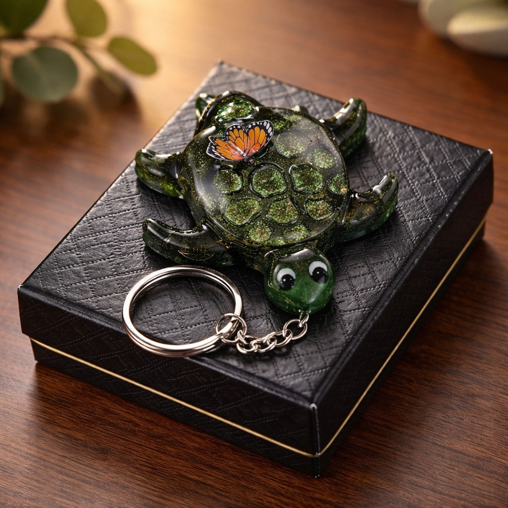 Turtle with Butterfly on His Back Resin Keychain