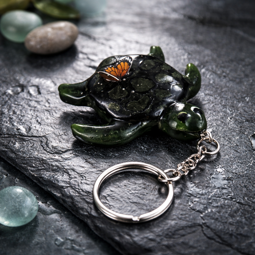 Turtle with Butterfly on His Back Resin Keychain