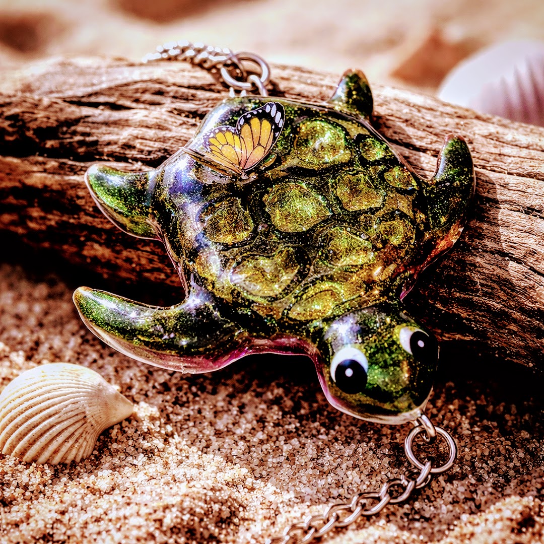 Turtle with Butterfly on His Back Resin Keychain