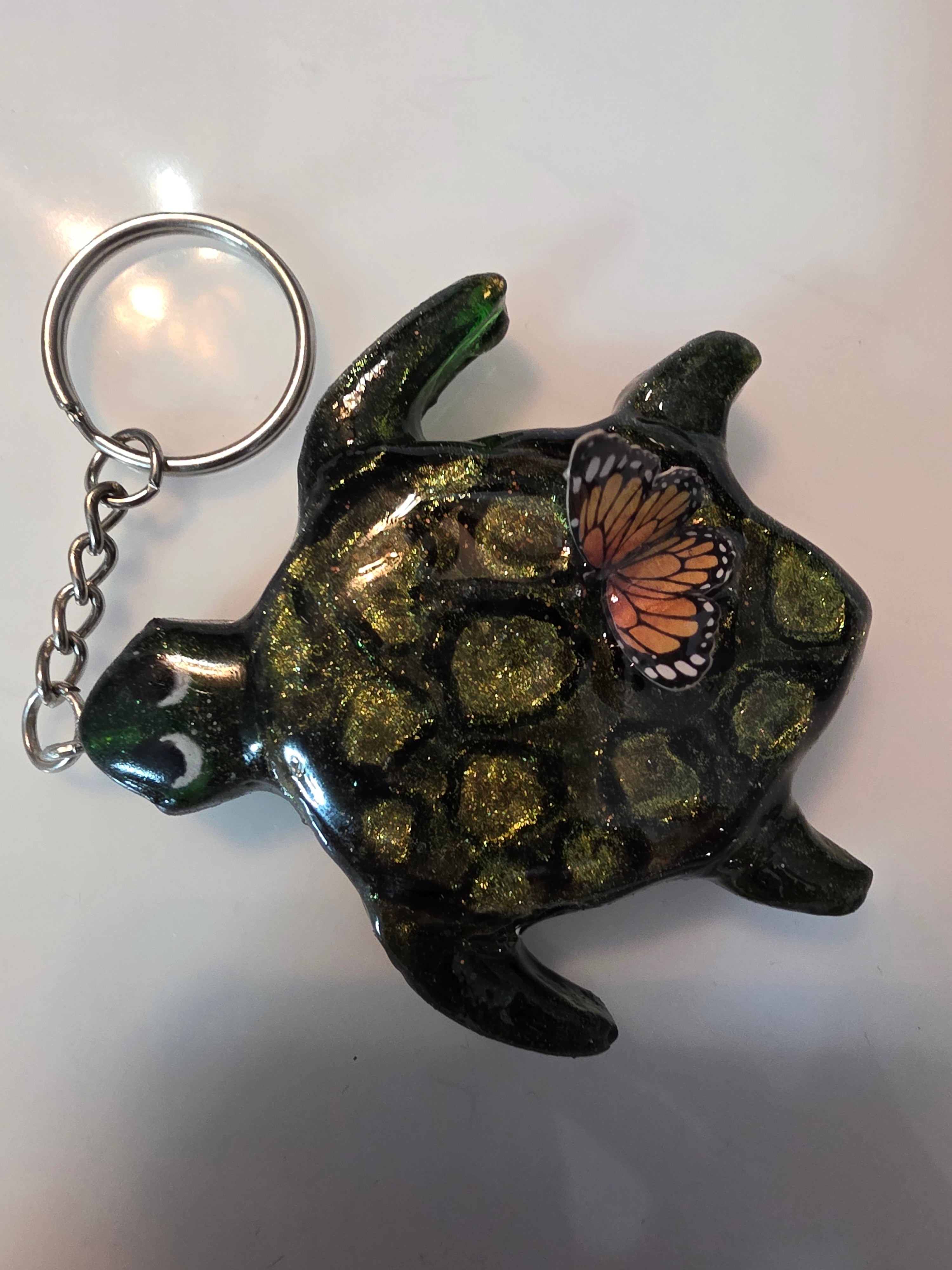 Turtle with Butterfly on His Back Resin Keychain